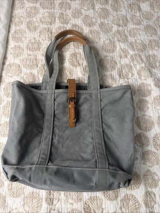 L.L. Bean Handbags - L.L. Bean Canvas Tote Bag with Leather Strap and Buckle - greyish green